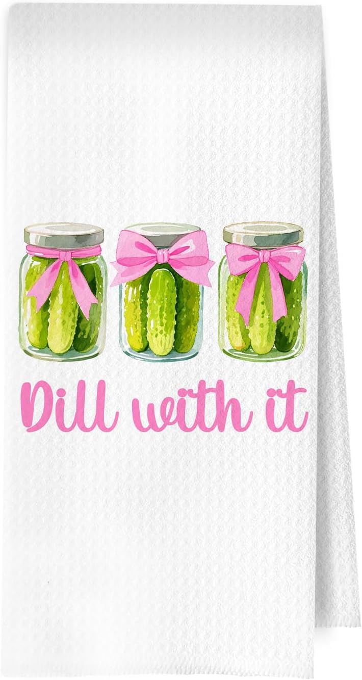 Coquette Pickle Kitchen Towels - Pink Bow Waffle Decorative Dish Towels, Preppy Pickles Jar Hand Towel, Tea Towel, 16x24 Inches