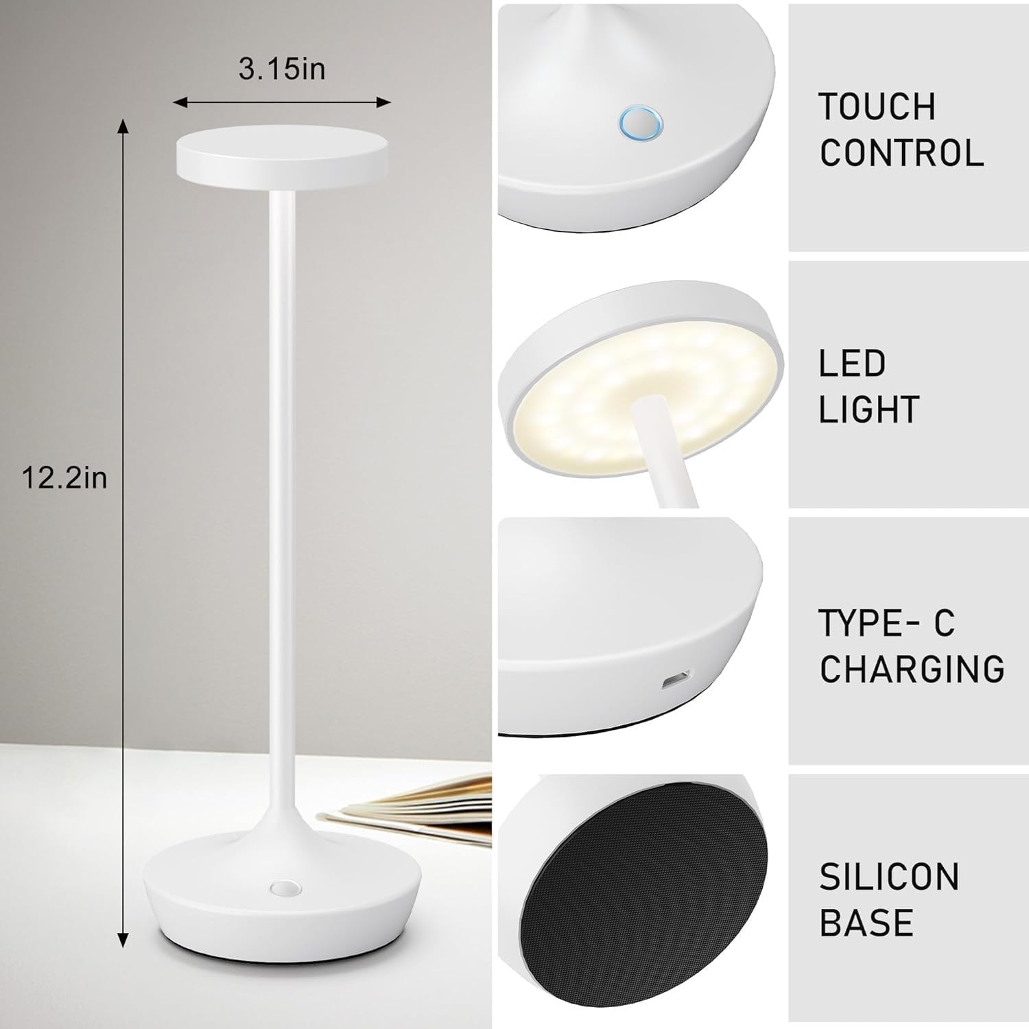 ZR98US Touch Dimmable Outdoor Waterproof Table Lamp, Gray, IP54, 3-Pack