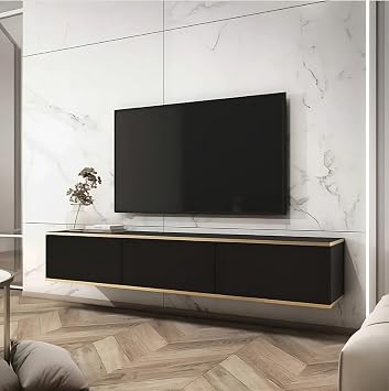 Arthauss Black Floating TV Cabinet with Storage 175cm - Stylish Floating Entertainment Centre, Wall Mounted Media Console, Floating TV Shelf - Modern Floating TV Stand for Contemporary Homes