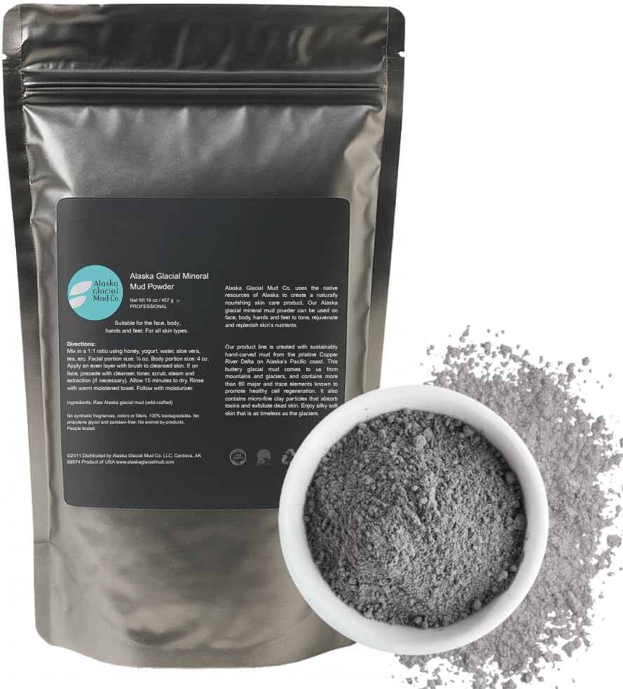 Alaska Glacial Mineral Clay Mask Powder for Face & Body | Cleanses, Exfoliate & Rejuvenate Skin | 100% Pure Glacial Silt – Unscented, 16oz Resealable Bag