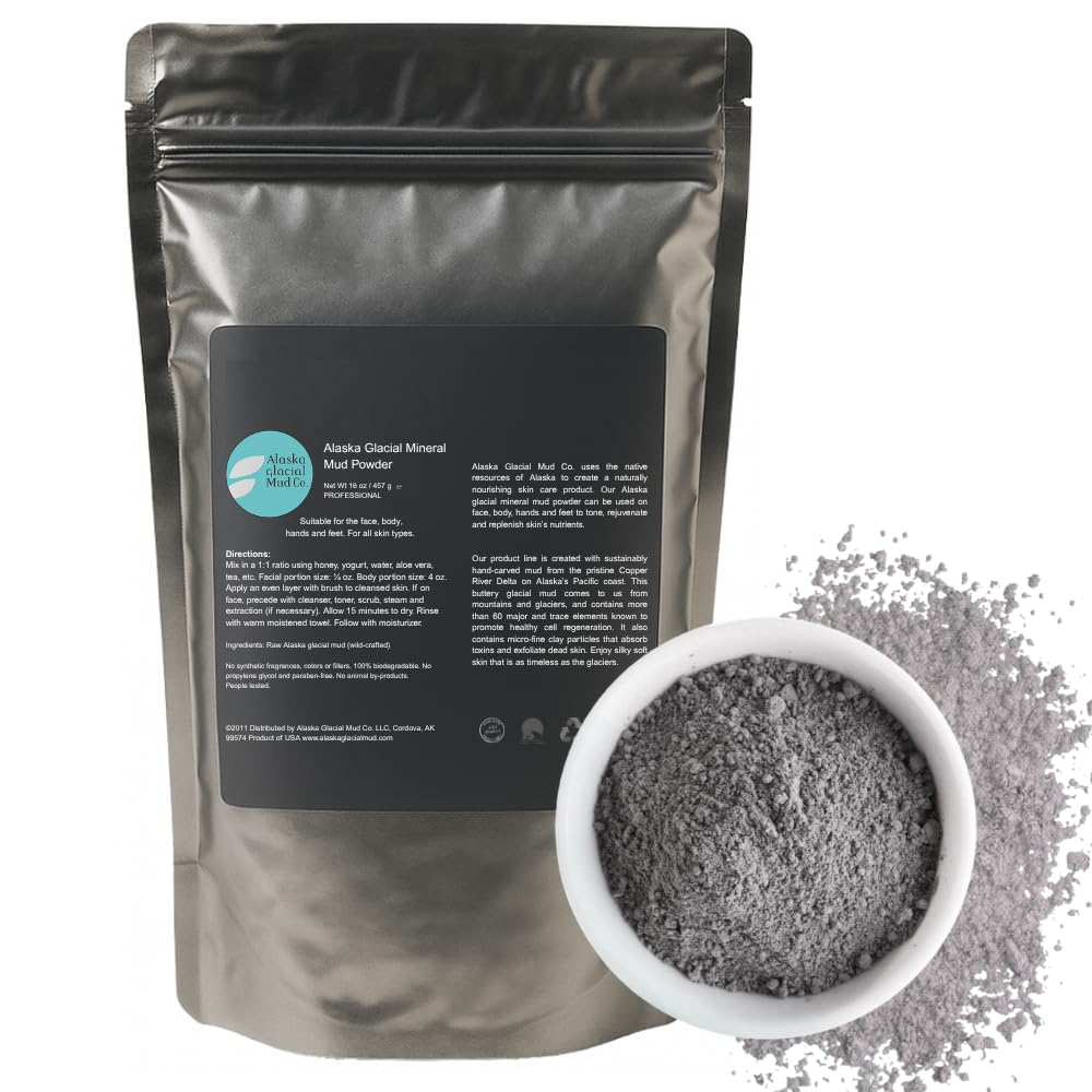 Alaska Glacial Mineral Clay Mask Powder for Face & Body | Cleanses, Exfoliate & Rejuvenate Skin | 100% Pure Glacial Silt – Unscented, 16oz Resealable Bag