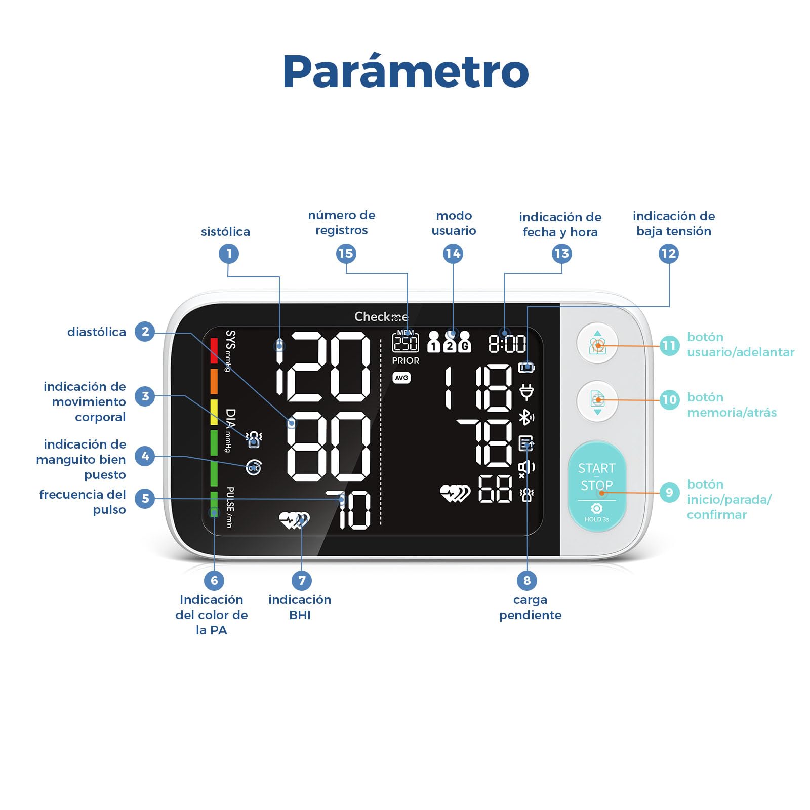 CheckMe Tensiómetro de Brazo con Pantalla Grande para Resultados Comparables, Tensiómetro Bluetooth con Detección de Arritmias, También para Embarazadas y Diabéticos, 22-45cm