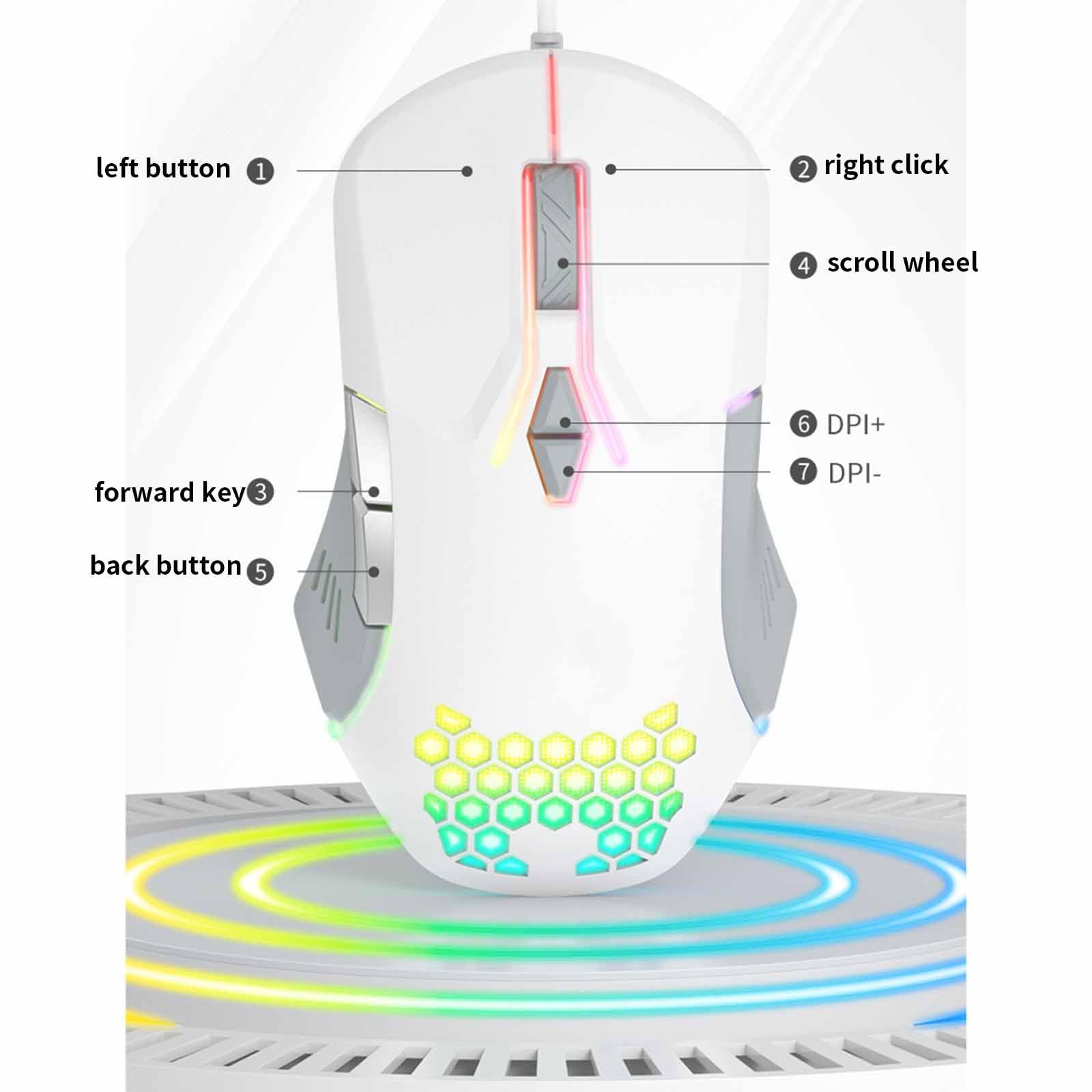 JUSHZ Mouse Usb Cablato Ergonomico Leggero Portatile Scorrimento A 4 Vie Tasti Programmabili Touch Scroll Ottico Cablato Macro 7 Pulsanti (12.5x7.6x4.1cm,White)