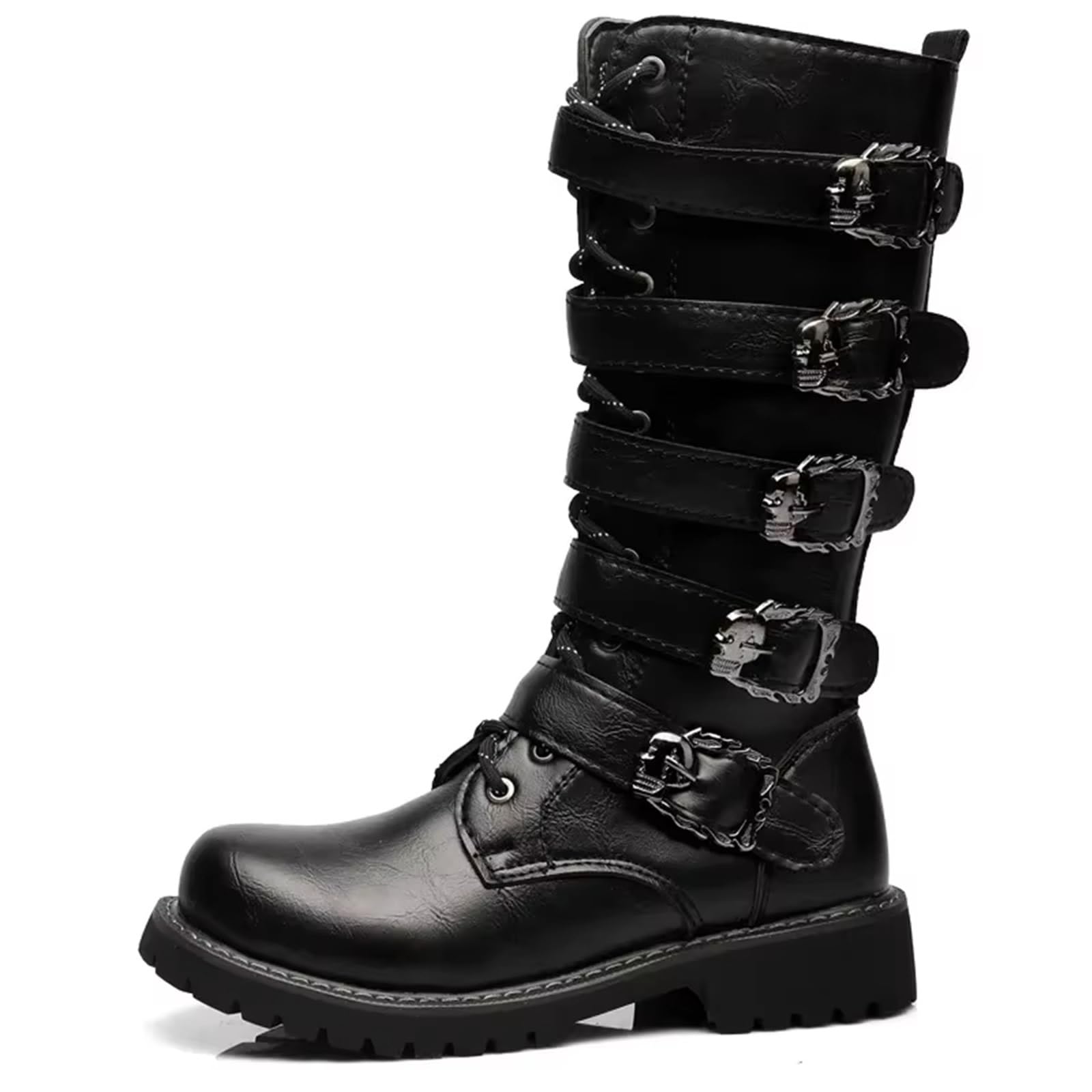 Mens Motorcycle Combat Boots Winter Belt Buckle High Boots Men's Leather Mid-calf Zipper Riding Boots, Military Style Combat Boots for Women
