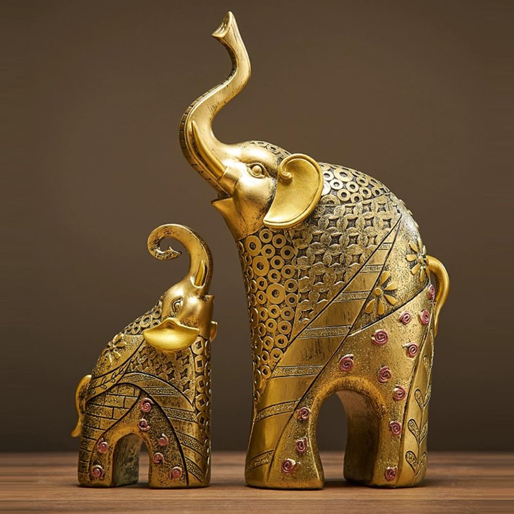 SAMINDS Gold Elephant Statue Elephant Decor Bring Good Luck Gift for Women mom，Pair of Mother and Child Elephant Statue Resin Nordic Elephant Statue for Living Room Office Shelf Decor