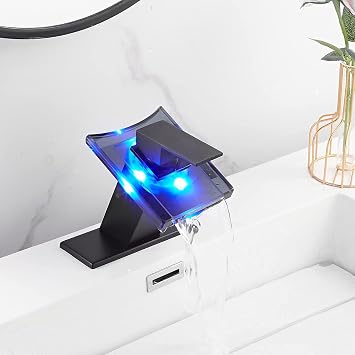 Bathroom Faucet Black Led Light 3 Color Chaning Waterfall Glass Spout RBG Battery Power Matching Drain Assembly with Overflow Lavatory Vanity Sink Basin Tap