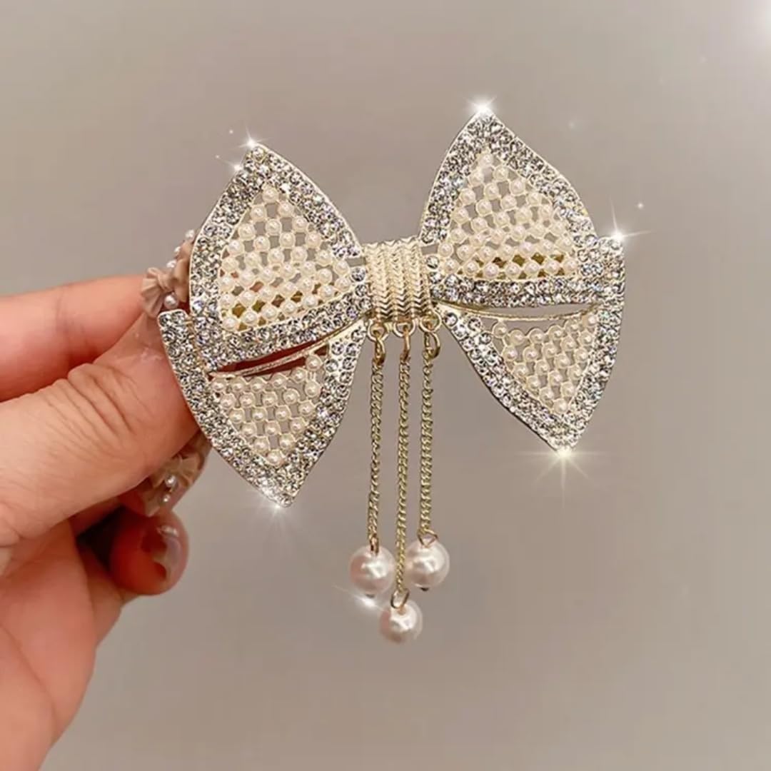 Diversa Gold Plated Pearl Hair Clip, Bowknot Design with CZ Stones, French Barrette for Metal French Barrette for Festivals Wedding and Special Occasions (Design 1)