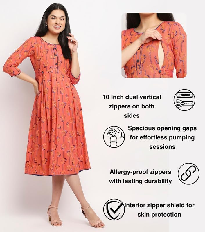 True Shape Maternity Gown for Women | Chic Feeding Anarkali Kurta with Dual Nursing Zippers in Viscose Rayon for Pre & Post Pregnancy(TSF-136-M, Peach) 1