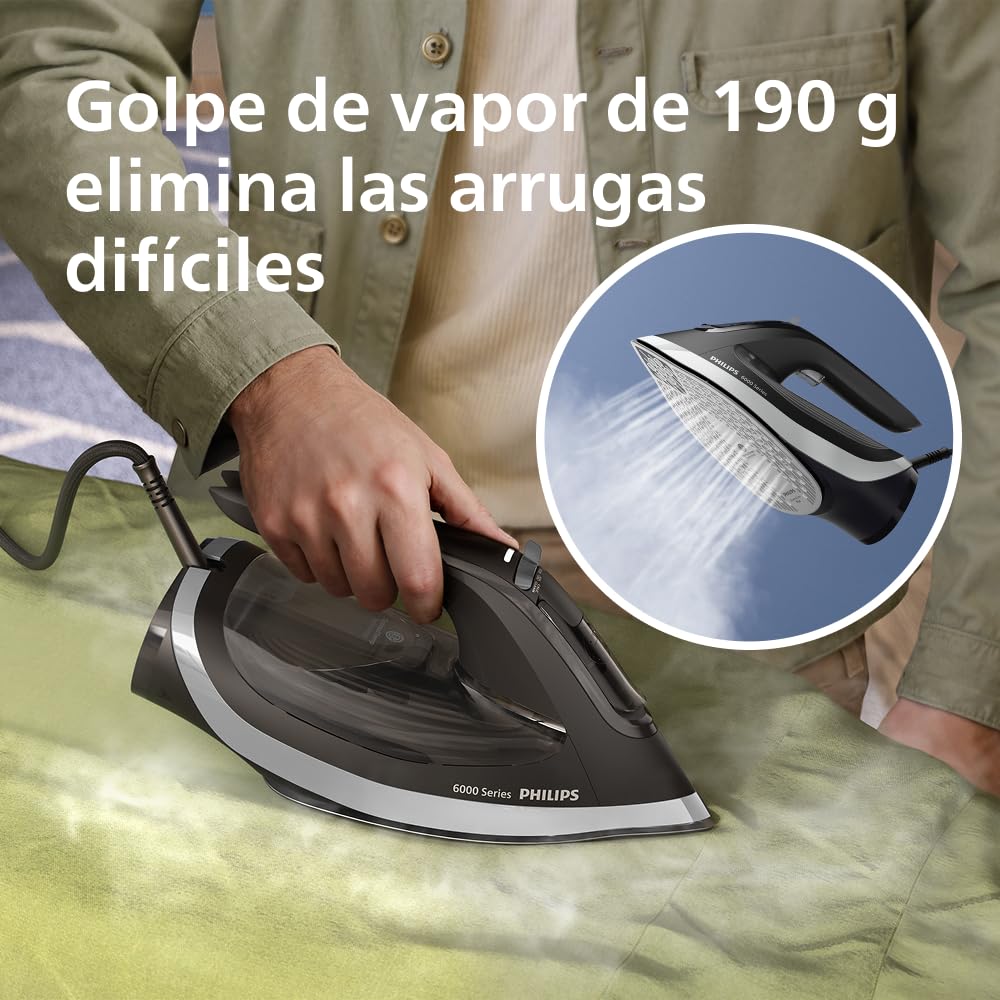 Philips Serie 6000 Plancha de Vapor con tecnología OptimalTEMP, 190g golpe, 45g continuo, suela SteamGlide Plus, antigoteo y apagado automático (DST6120/80)