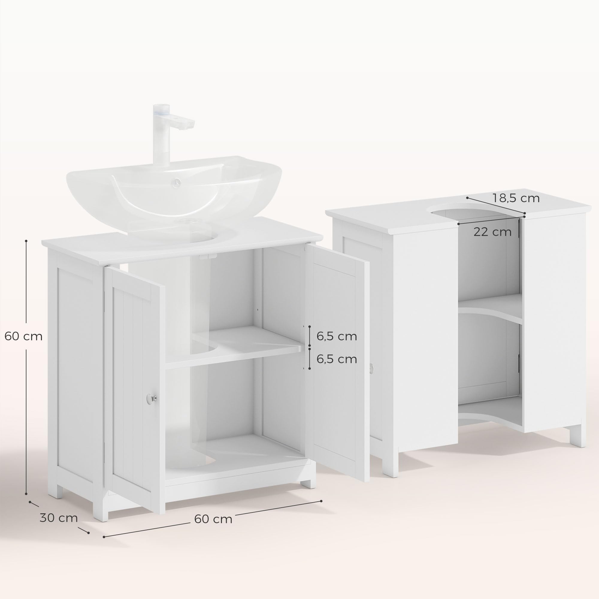kleankin Meuble Salle de Bain sous lavabo - Meuble sous-Vasque - Placard 2 Portes avec étagère - dim. 60L x 30l x 60H cm - en Bois Blanc