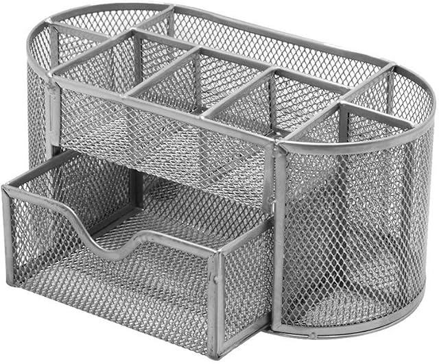 Mesh Desk Office Organizer,Multifunction Pen Holder with Drawer Stationery Storage Desktop Sliver