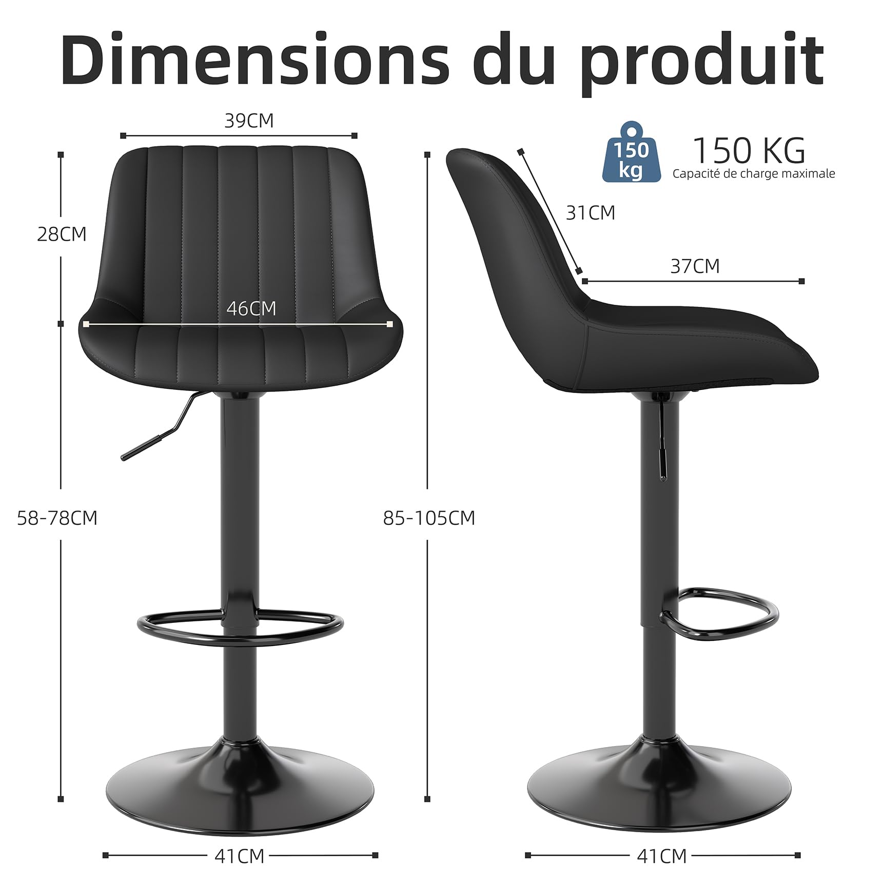 Youhauchair Tabouret Bar, Tabouret de Bar Lot de 3, Chaise de Bar Pivotants avec Dossier, Tabourets de Bar Réglable en Cuir PU, Chaise Haute Bar Moderne, Noir