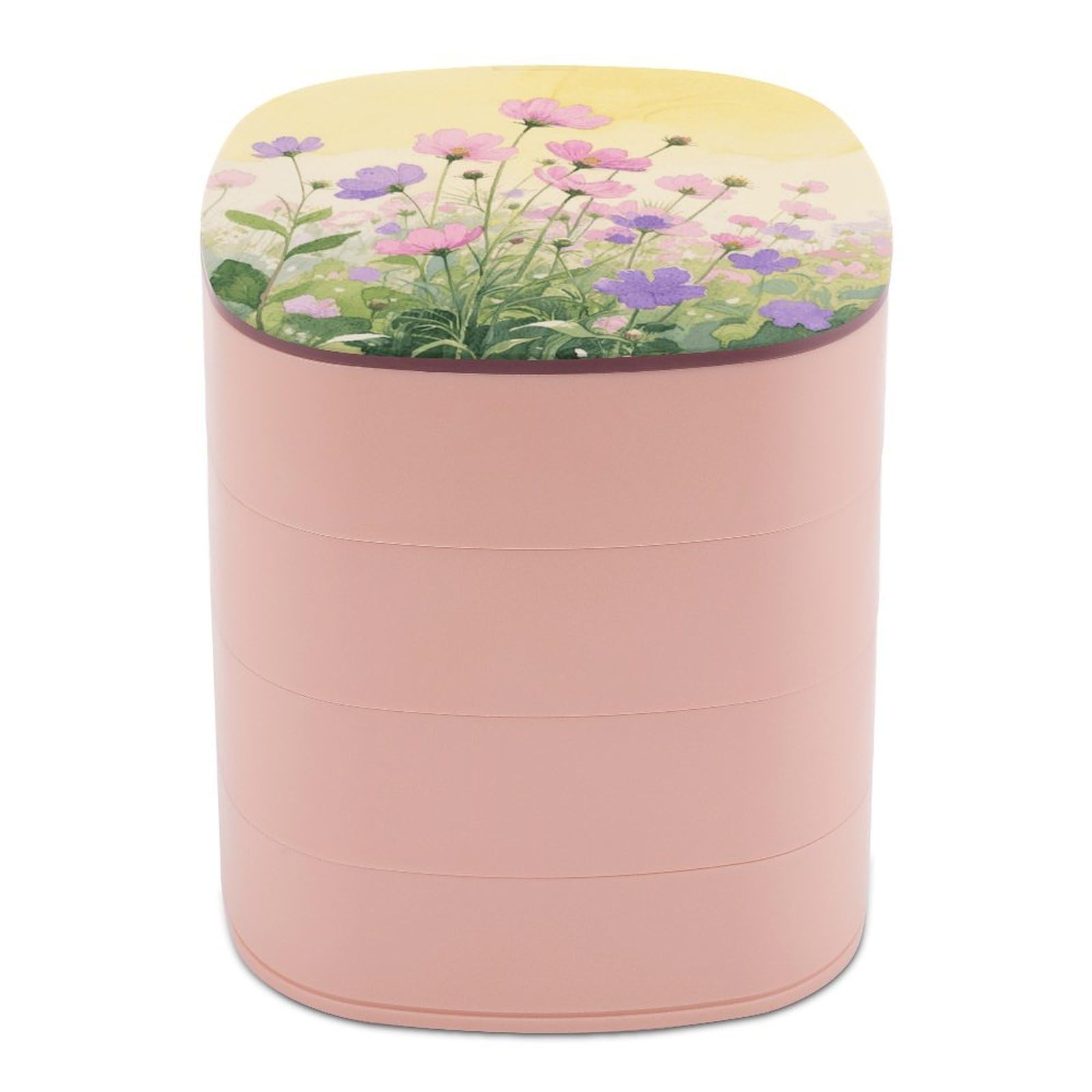 VstaDank Pink And Purple Flower Watercolor Jewelry Case Women Portable Travel Jewelry Box Rotating Jewelry Organizer with Mirror Multi-Layer Necklace Ring Earring Storage Box for Bracelets Rings