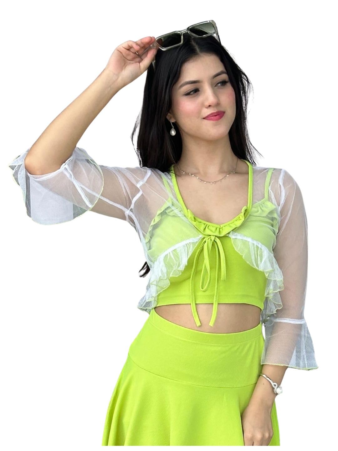 Women's Bell Sleeve White Net Shrug - for Women - Soft & Breathable Fabric & Comfortable Outfits for Office, Casual, Festive & Party (11284)-image-7