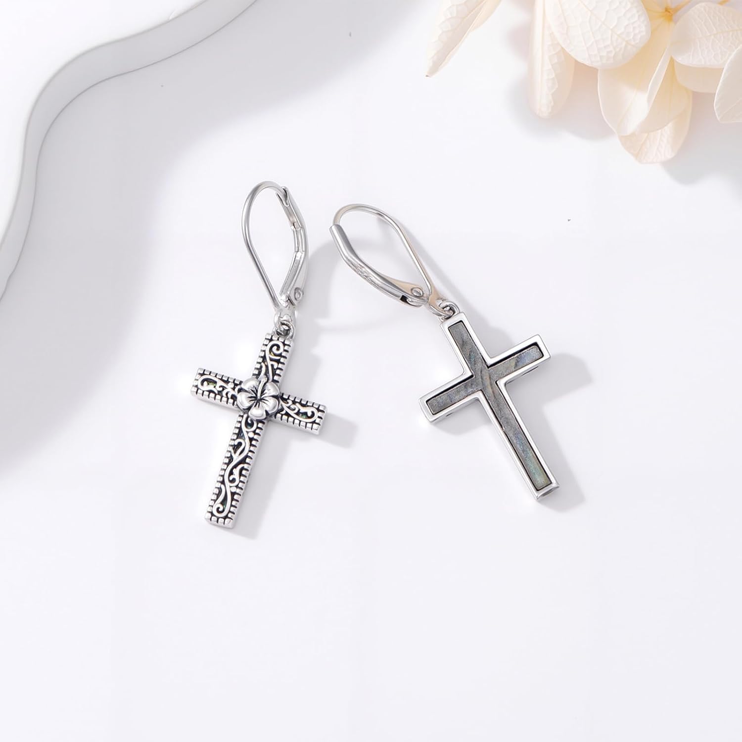 925 Sterling Silver Sunflower/Rose/Plumeria/Hibiscus/Mushroom Cross Earrings for Women Hawaiian Flower/Butterfly Cross Dangle Drop Earrings Jewelry Faith Christian Gift for Her Daughter Wife Girlfriend