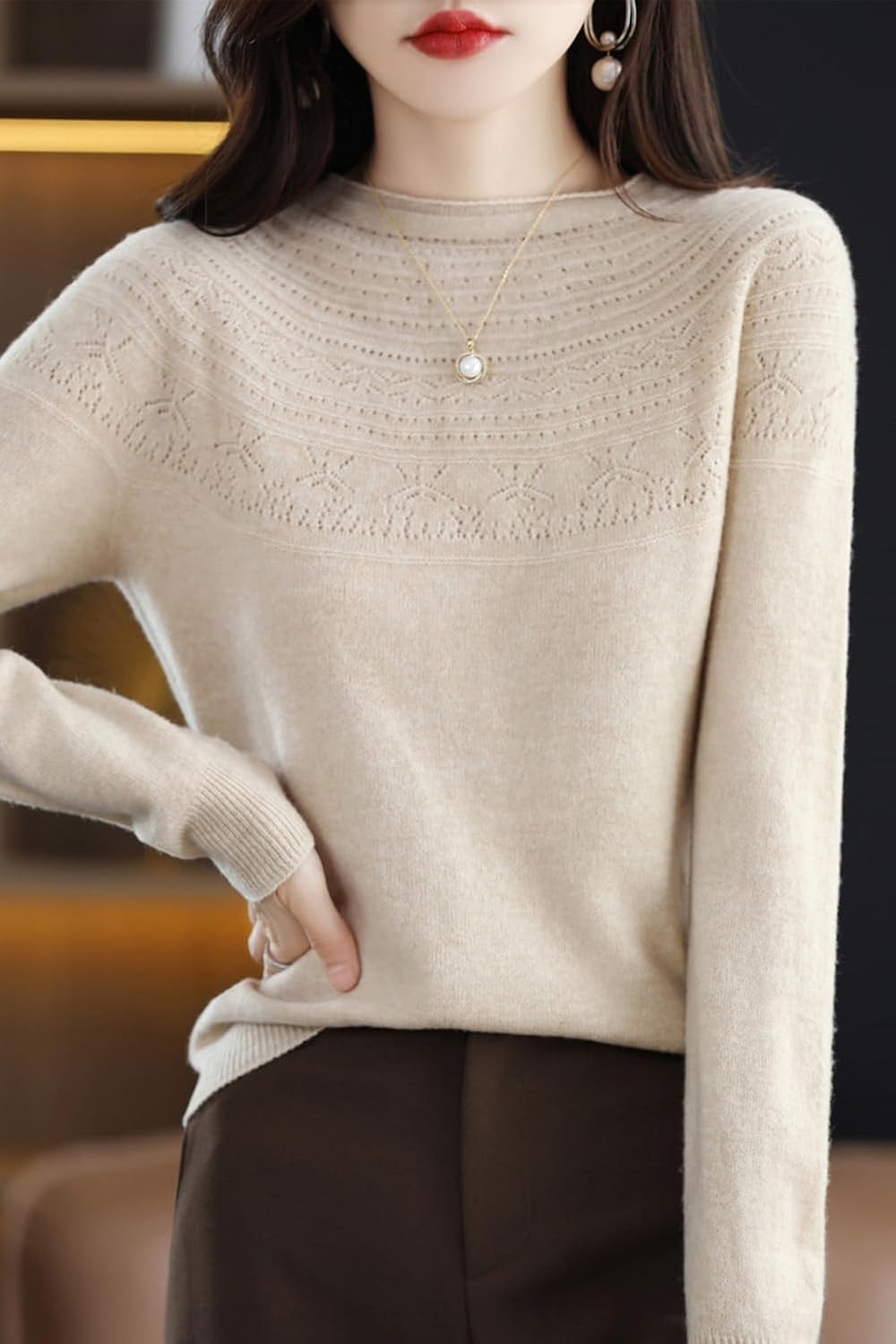100% Merino Wool Sweaters Women's Fall Winter Warm Soft Knitted Loose Pullover Crew Neck Long Sleeves - Image 3