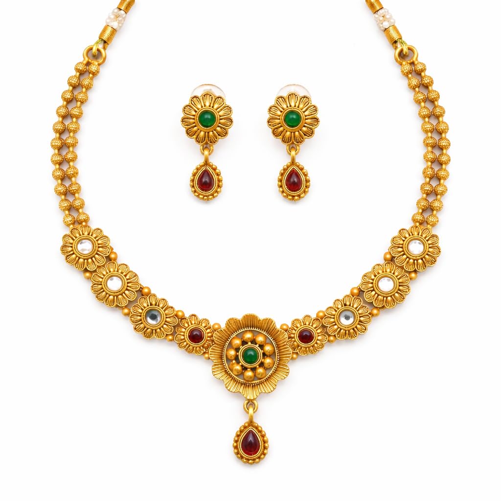 LATHAR Jewellery Antique Gold Plated Temple Necklace Set with Earrings for Women | Traditional Ethnic Bridal Jewellery | Matte Gold South Indian Design | Festive Wedding Jewellery Set