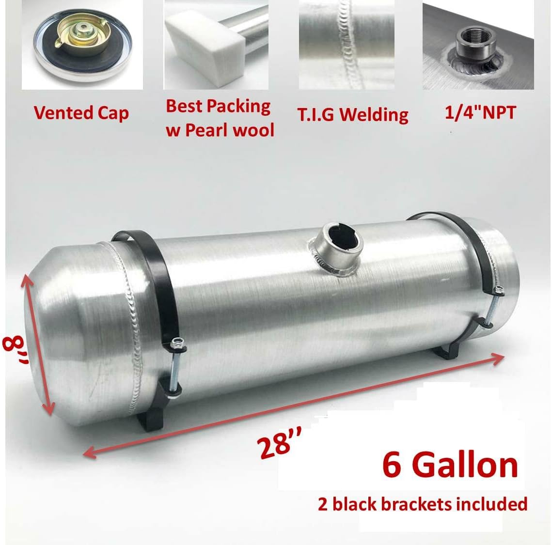 JSD 6 Gallons 8" x 28" Aluminum Gas Tank Fuel Cell Tank Center Fill 1/4" NPT Outlet