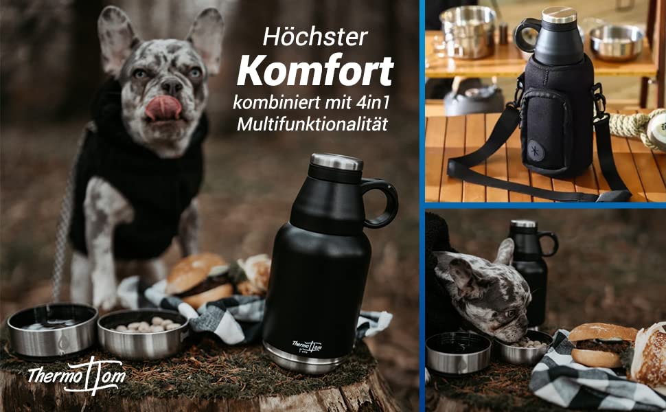 ThermoTom Pets Trinkflasche Hunde fr unterwegs  Hundetrinkflasche to go,  Fressnapf, Futternapf & Trinknapf  Reisetasche Hunde Zubehr  Gassi  Tasche Hund  1L Schwarz mit Umhngetasche: Amazon.de: Haustier