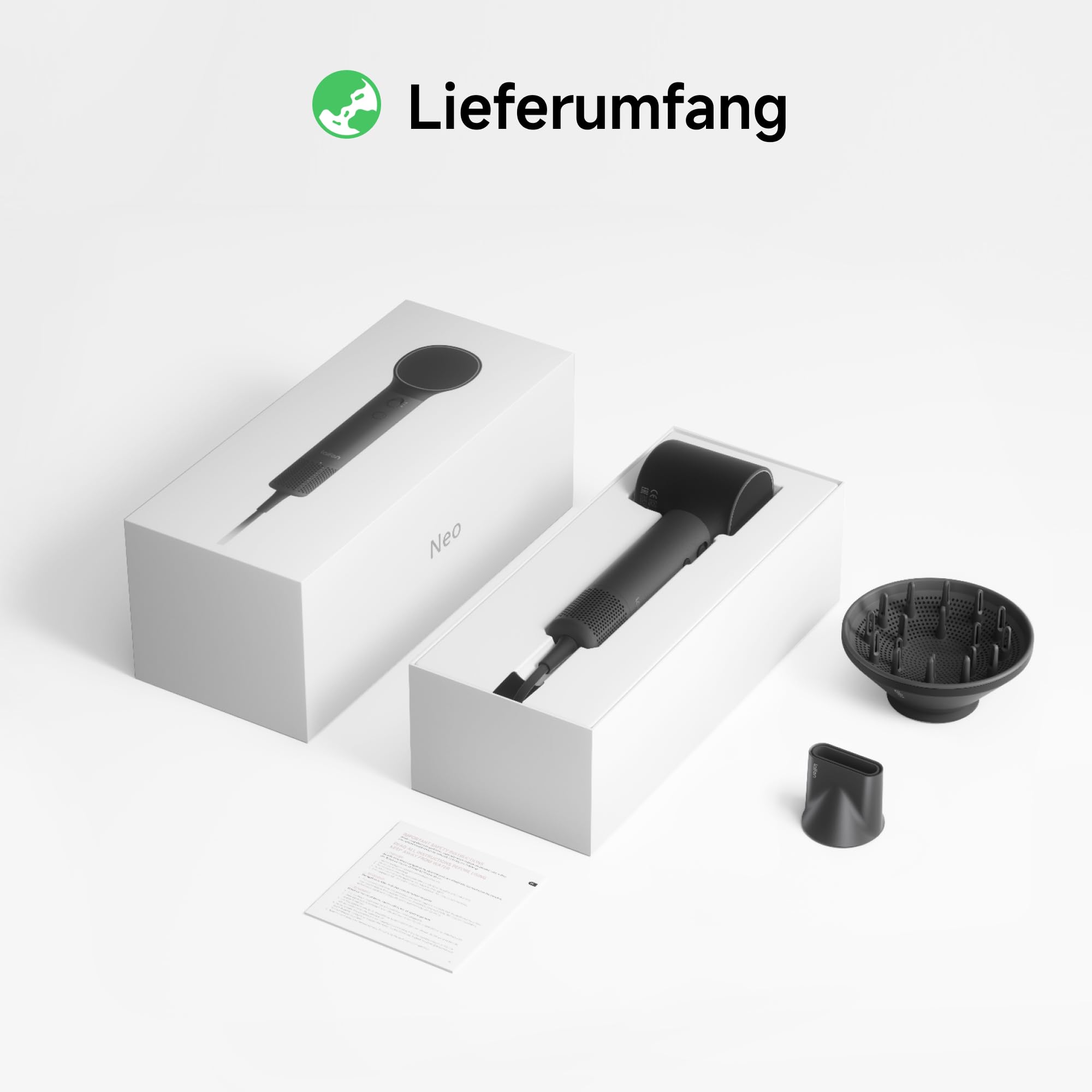 Laifen Neo Haartrockner, 22 m/s Hochgeschwindigkeits-Föhn mit 110.000 U/min Motor, 390 g Leichtgewicht, 59 dB Leise, 200 Millionen Negative Ionen, inkl. Diffusor & Glättungsdüse (Shadow-Schwarz)