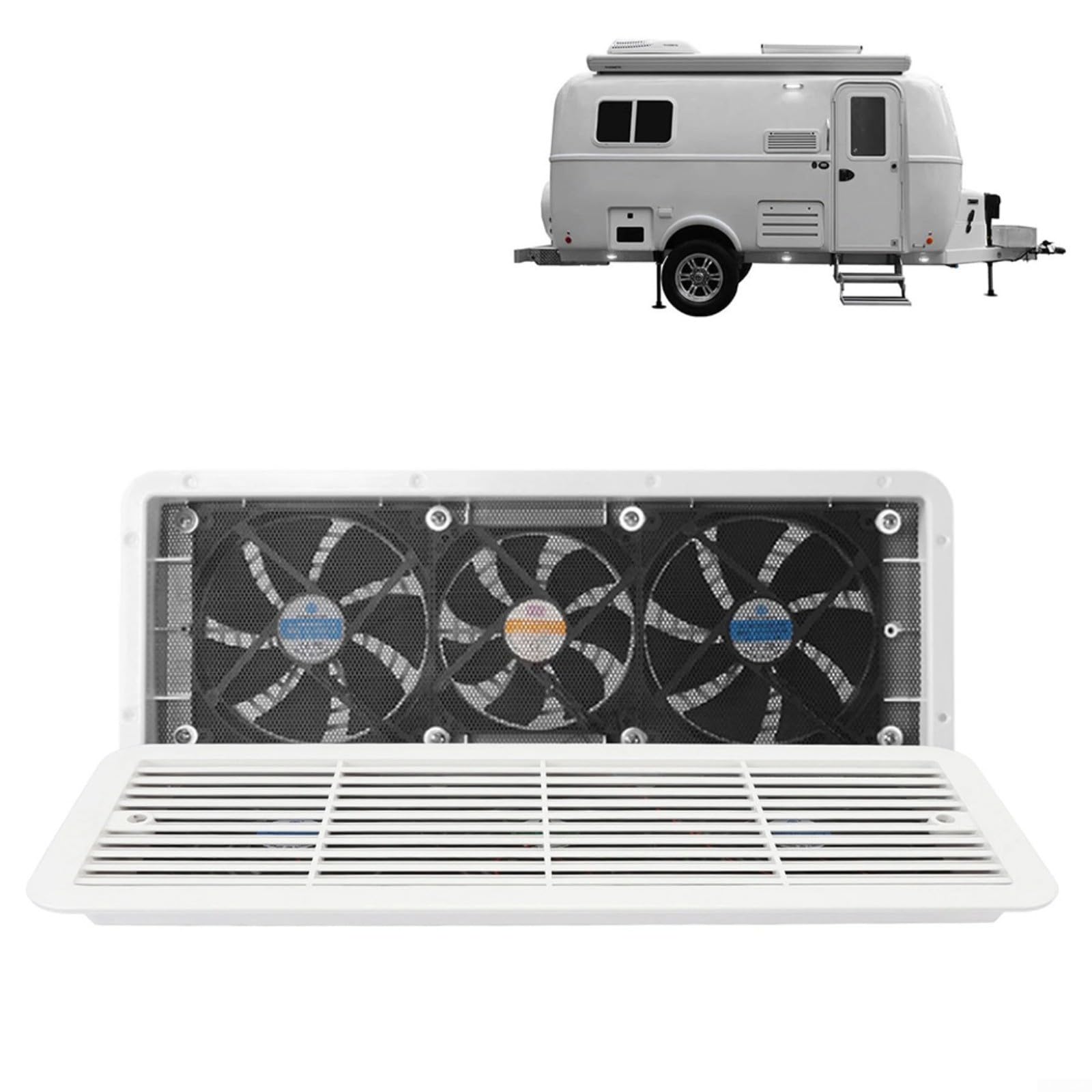 Ventola di ventilazione per frigorifero con griglia, montaggio laterale triplo di scarico per raffreddamento camper, ventola di circolazione dell'aria in ABS bianco, 479 x 189 mm