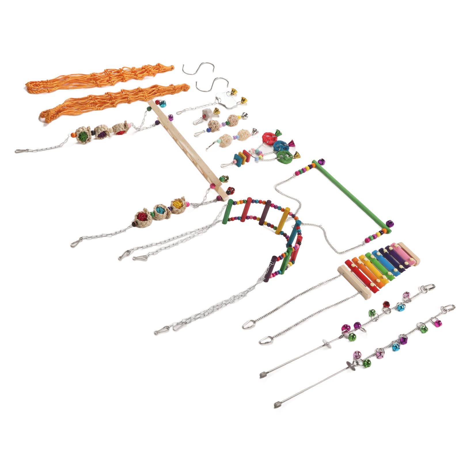 12-teiliges Hühnerstall-Spielzeug, bunte Leier, Schaukel, Hängebrücke, Leiter, Obstgabeln, Spiegel, Rattan-Kugelschnur-Set