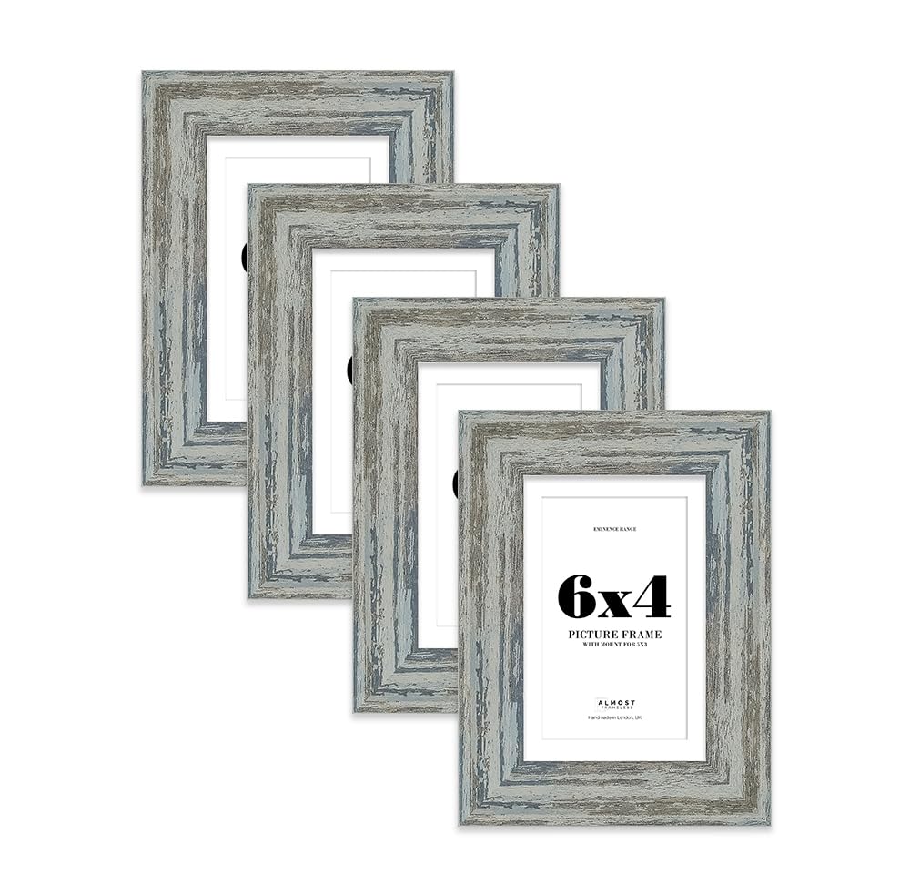 6x4" Distressed Blue Picture Frame with 5x3" Mount - Rustic Photo Frame with Distressed Finish, Wall Hooks and Kickstand, 32mm Edge - 4 Pack