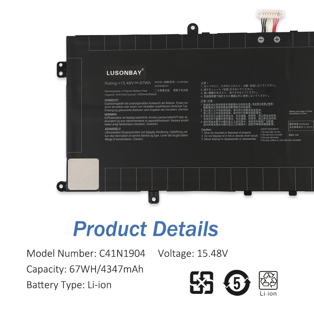 Batteria Per Asus ZenBook - 15.48V/67Wh Modello C41N1904 - Ricambio Originale