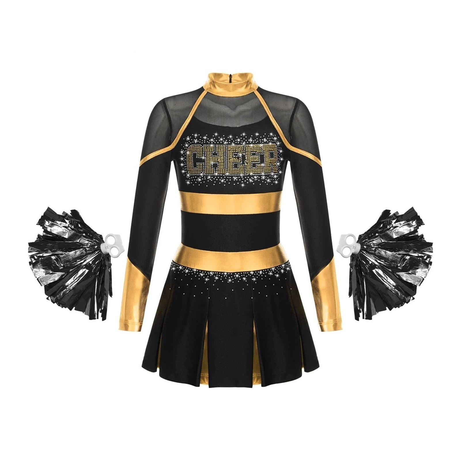 Costume Cheerleader Donna Costume da Ballo Uniforme da Cheerleader Abito Pieghettato a Maniche Lunghe Metallizzato con Strass con 2 Fiori a Mano(Blue A,16)
