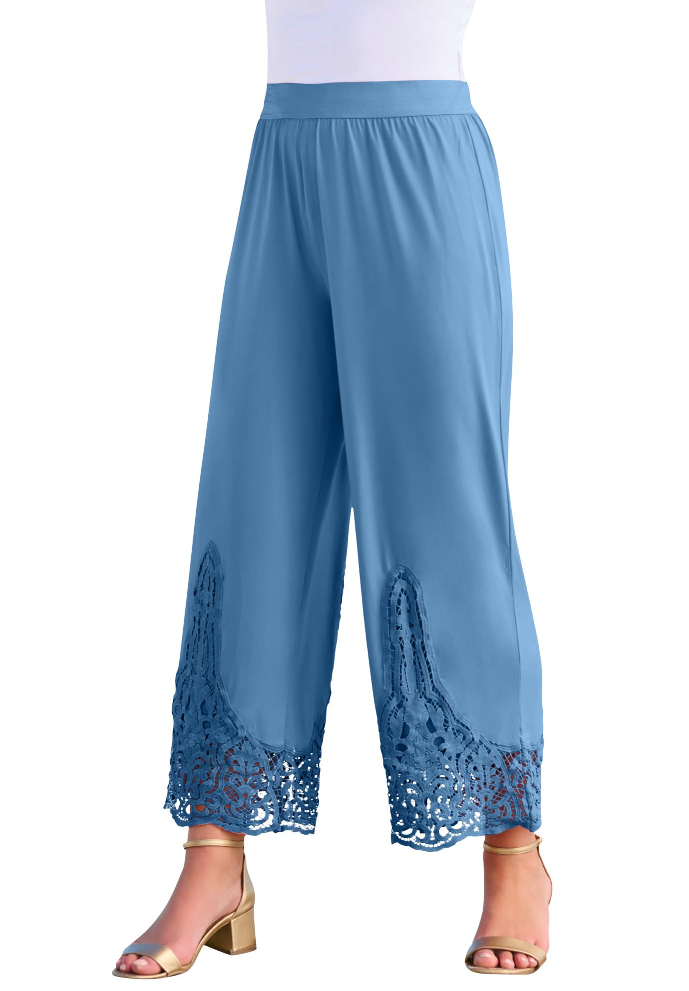 Roamans Womens Plus Size Wide Leg Ultrasmooth Fabric Lace Pant