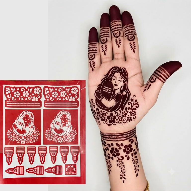 Traditional lord shiv parvati Mehndi Sticker Hand Tattoo Stencil Set for Women & Girls | Reusable Temporary Mehendi Design Sheets | Bridal, Karwa Chauth, Teej, Eid, Diwali Festival Hand Art Templates-image-12