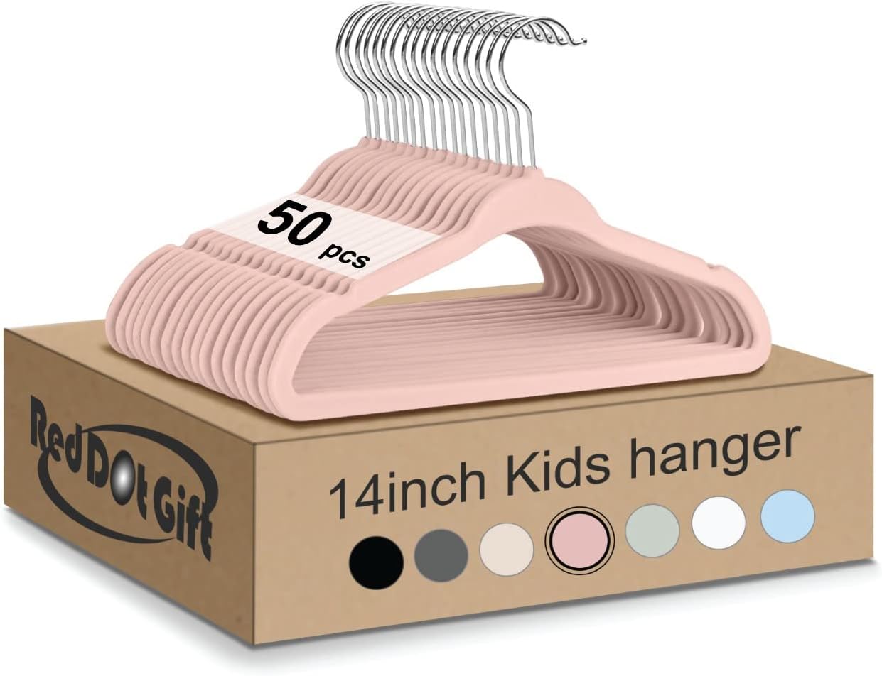 Red Dot Gift® Pack of 50 Velvet Kids Hangers - Premium Childrens Hangers 14 Inch for Closet, Ultra Thin Cute Hangers Kids Clothes Hanger, Non Slip Kids Felt Hangers for Kids Clothes (Blush Pink, 50)