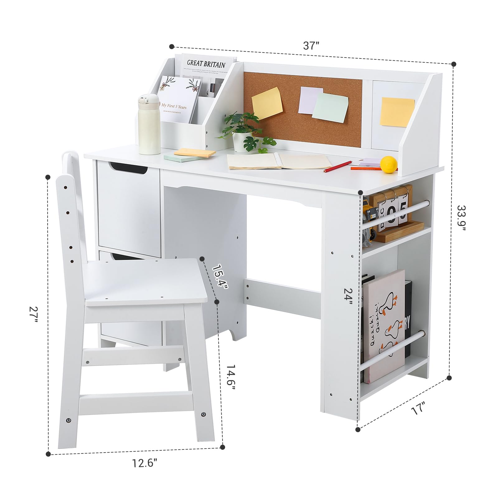 Garvee Ensemble Bureau et Chaise pour Enfants, Bibliothèque, Table et Chaise en Bois avec Étagère de Rangement, Table d'étude pour Chambre Enfant de 3 à 8 Ans