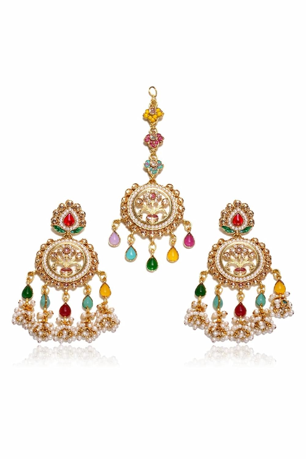 Traditional Kashmiri Kundan Earrings & Maang Tikka Set for Women | Gold Plated Multicolor Pearl Chandbali Earrings | Ethnic Bridal Wedding Festive Jewellery.