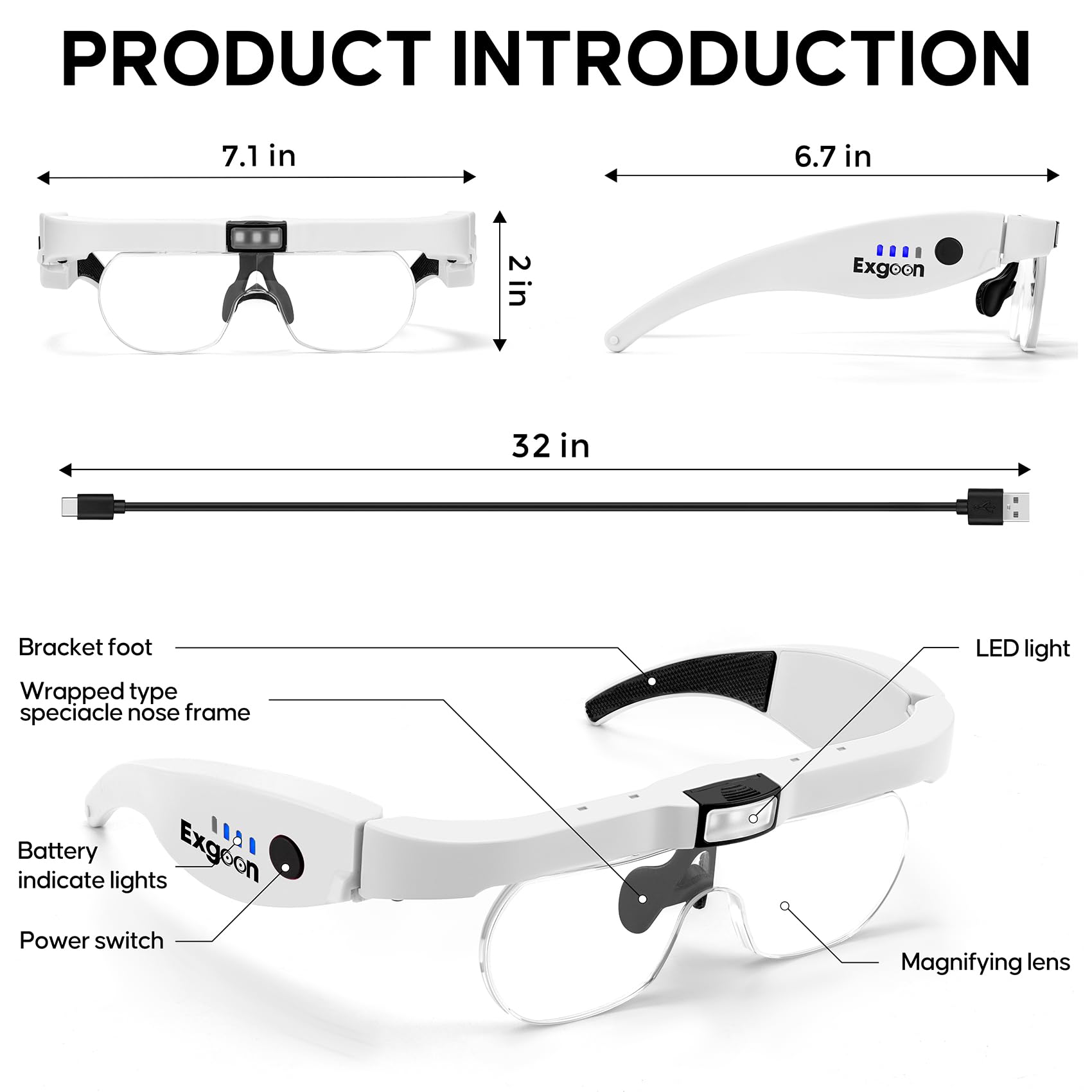 Gafas Lupa con luz led, Aumento de 1.5X a 5X con 4 Lentes reemplazables, Lupa Recargable Manos Libres con luz para Manualidades, Pintura de Diamantes y joyería (Blanco)