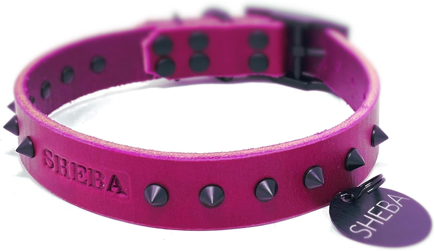 Personalized Spiked Bridle Leather Dog Collar, Solid Matte Black Stainless Steel Round ID Tag (Pink)
