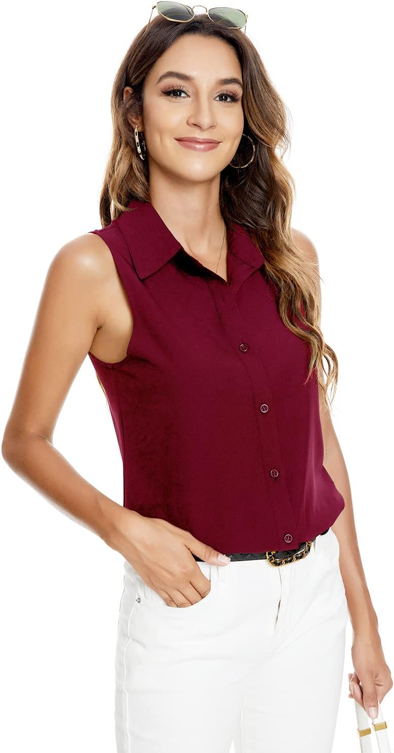 Womens Sleeveless Button Down Shirt Blouse Office Work Casual Classic Collar Shirts