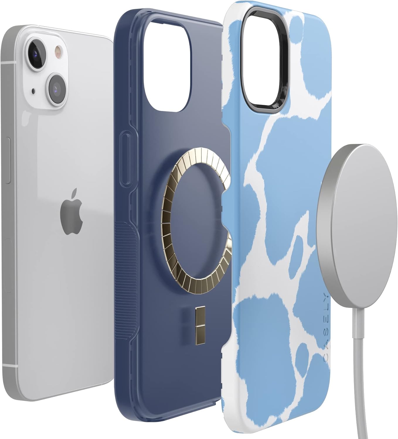 Casely iPhone 13 Case | Current Mood | Light Blue Cow Print | Bold Protective Design | Compatible with MagSafe