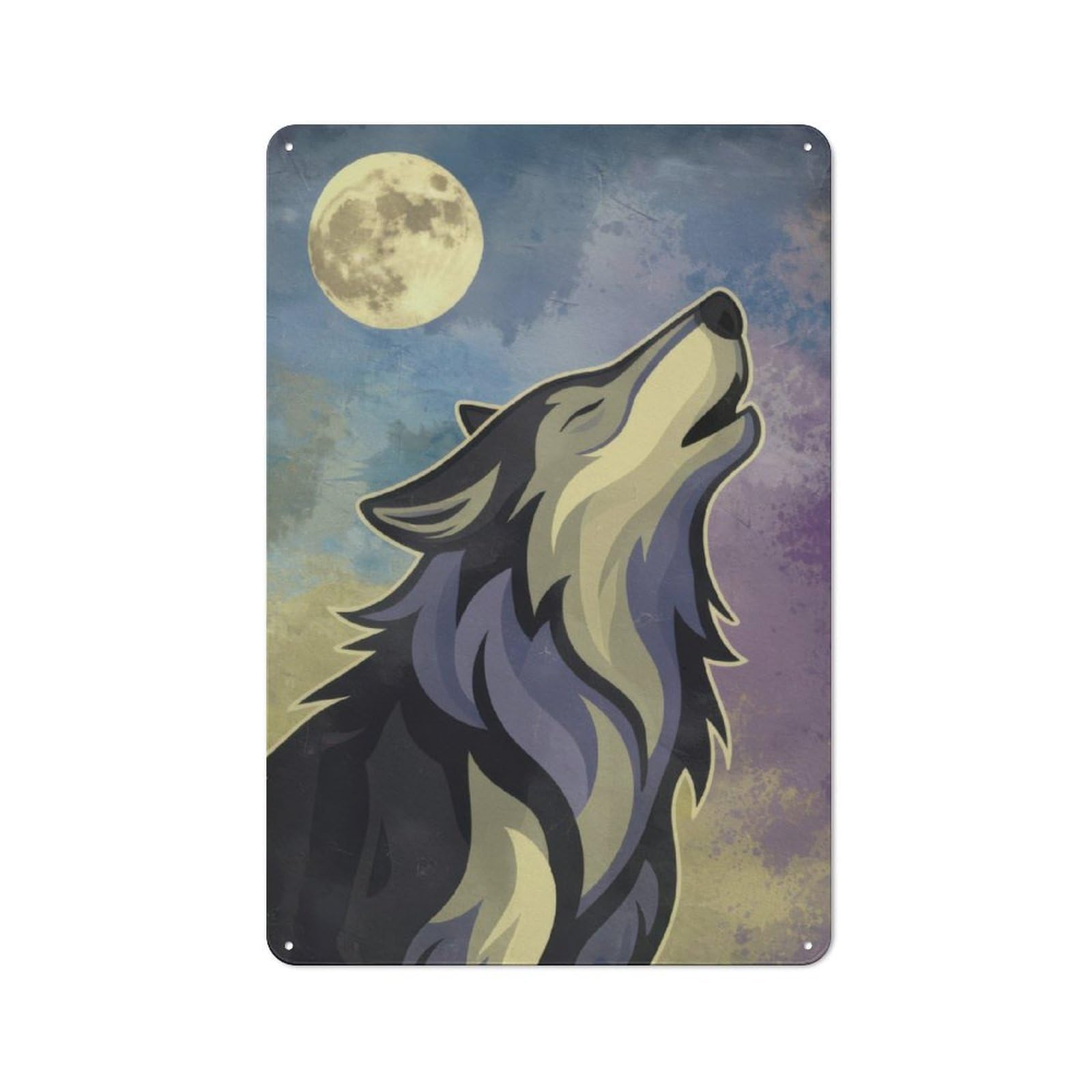 Junmoney Wolf Howling At The Moon Rustic Metal Wall Sign 30X20cm For Home Office Or Studio, For Garage, Workshop And Man Cave Decoration