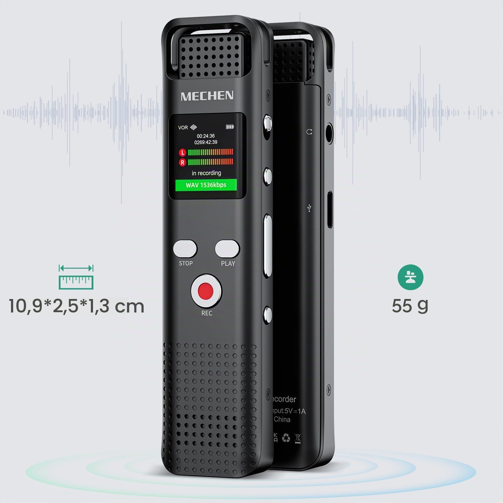 MECHEN 128GB Digitales Diktiergerät, 1536kpbs Voice Recorder (V02-A1)