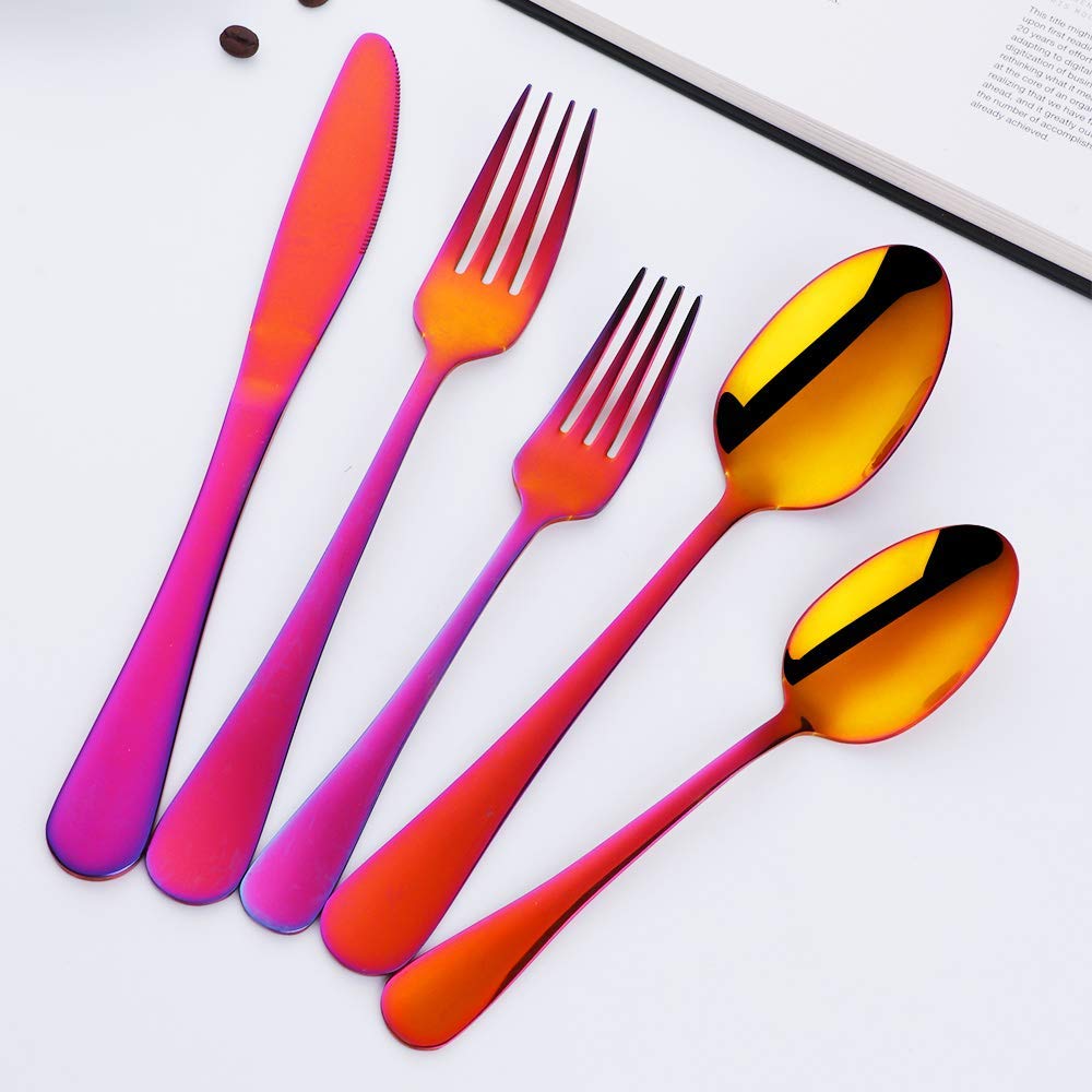 Buyer Star Regenbogenrot Besteck set für 4 Personen, Edelstahl Besteck Mehrweg Besteckset Messer Gabeln Löffel Geschirr set