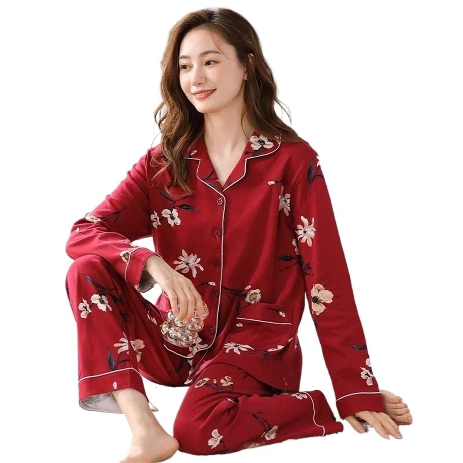 2024 Autumn Plus Size Long Sleeve Casual Plaid Cotton Pajama Sets for Women – Korean Loose Sleepwear Homewear Clothes(2611,XXXL)