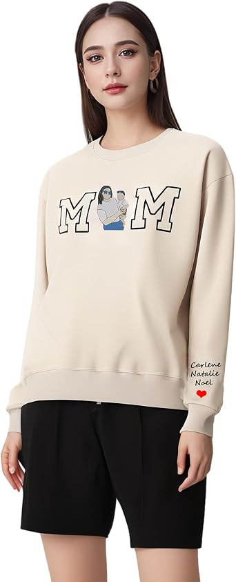 Personalized Mama Sweatshirt with Photo,Custom Embroidered Mom Sweatshirt With Kid Names On Sleeve for Women