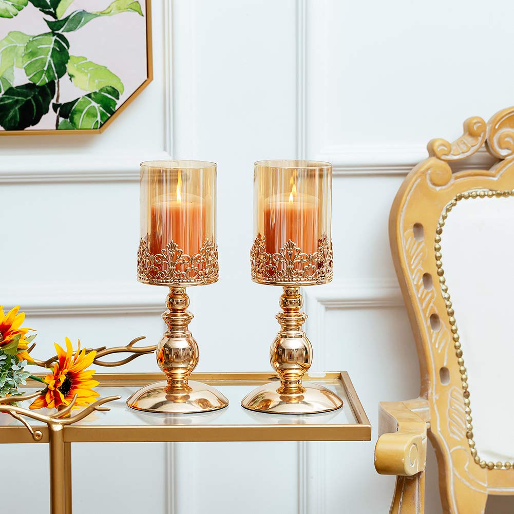 Candelabros de Pilar con Vidrio, Juego de 2 Candelabros Oro para Huracanes Regalos para la Decoración del Hogar, Candelabro para el Aniversario Bodas Centros Mesa para Fiestas Casa, Tamaño Pequeño