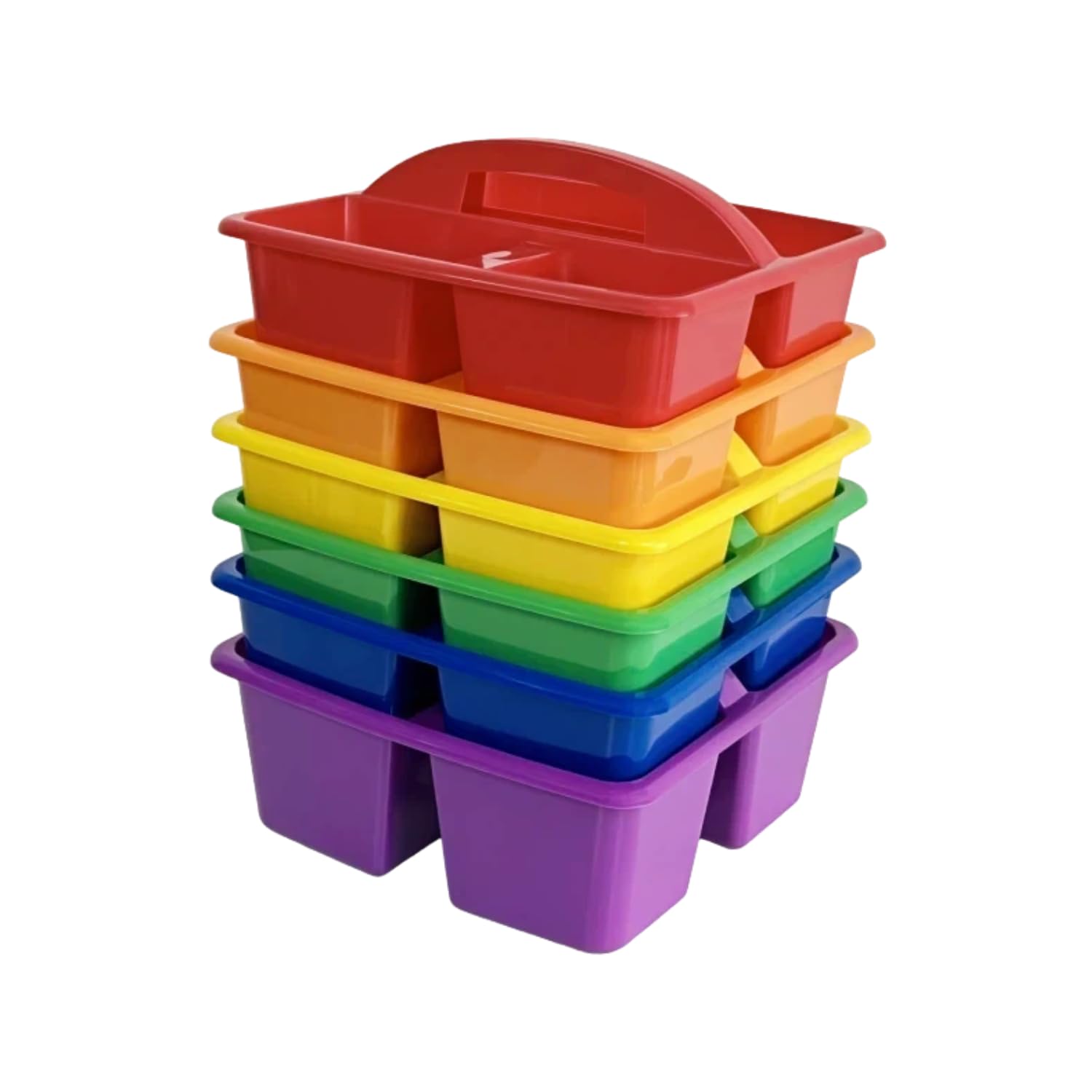 RAUVOLFIA Set of 6 Classroom Caddy, Small Plastic Storage Caddy with Handle for Classrooms, Kids Room and Office Organization, 3 Compartment (Rainbow)