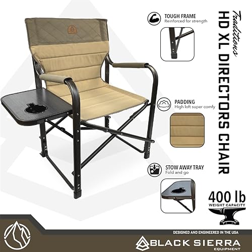 Miniatura 4 de XL Directors Silla con mesa auxiliar plegable, silla de campamento resistente soporta 400 libras, asiento plegable para exteriores de gran