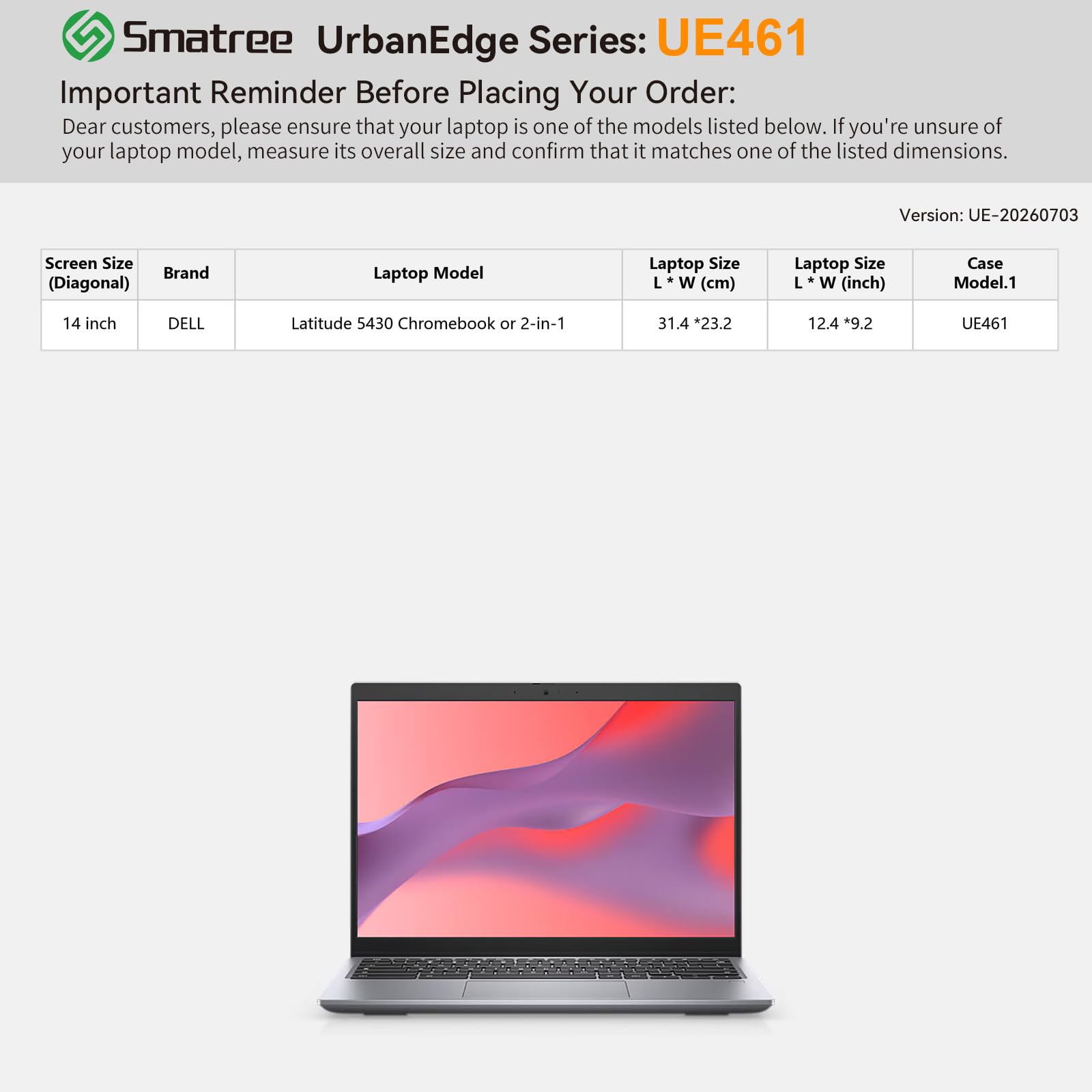 Smatree UrbanEdge Etui na laptopa do 14 cali DELL Latitude 5430 Chromebook or 2-in-1,z kieszenią na akcesoria(UE461)
