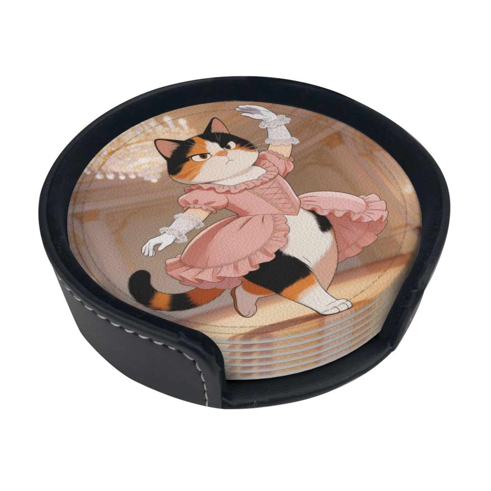 Dancing Cat Leather Coasters-Set of 6 with Storage Holder