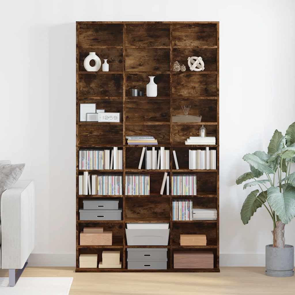 Scaffale per CD, in legno di rovere affumicato, 102 x 23 x 177,5 cm, con molto spazio, versatile scaffale HiFi per DVD, dischi rigidi, armadietto multimediale, soggiorno, home theater
