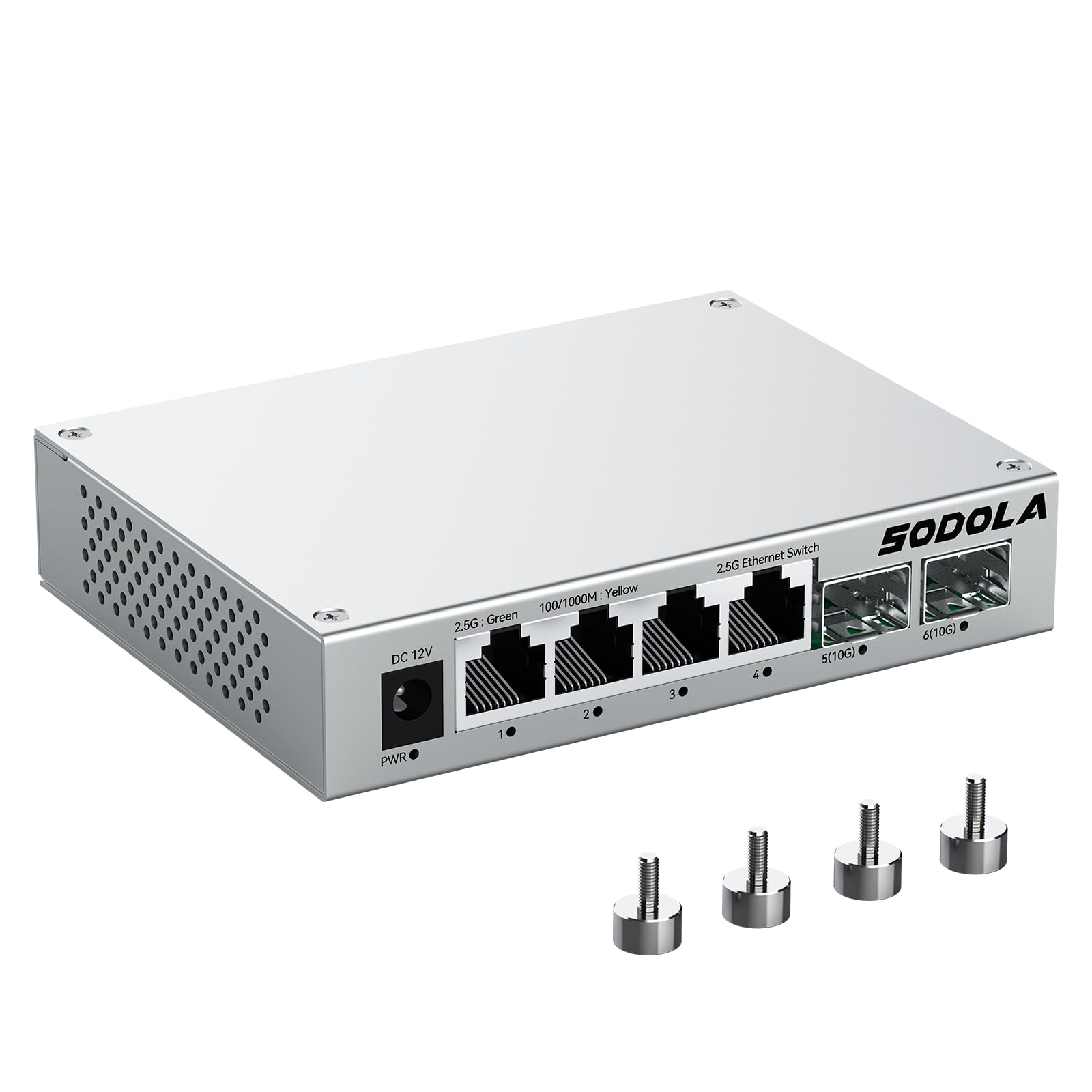 SODOLA 6 Port 2.5Gb Unmanaged Ethernet Switch, 4X2.5G Base-T Ports & 2X10G SFP+, Aluminum Cooling & Magnetic Mounting, Plug & Play, Fanless Network Switch, Ethernet Splitter for Wireless AP, NAS, PC